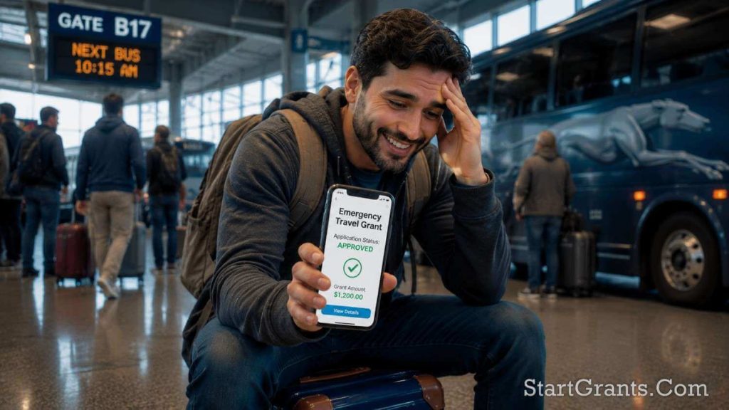 A stranded traveler at a bus station securing emergency financial assistance on a smartphone.