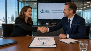 A non-profit director shaking hands with a corporate executive after securing a company sponsorship.
