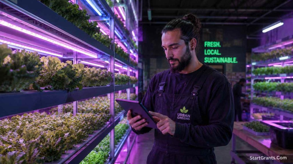 A high-tech indoor urban vertical farm utilizing LED lights and hydroponic systems funded by government grants.