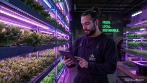 A high-tech indoor urban vertical farm utilizing LED lights and hydroponic systems funded by government grants.