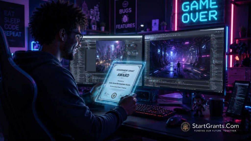 An indie video game developer reviewing a government grant approval on a dual-monitor setup in a studio.