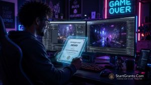An indie video game developer reviewing a government grant approval on a dual-monitor setup in a studio.