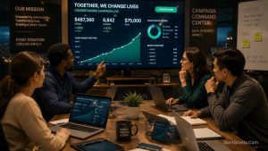A nonprofit team analyzing the success of a digital crowdfunding campaign on a large monitor.