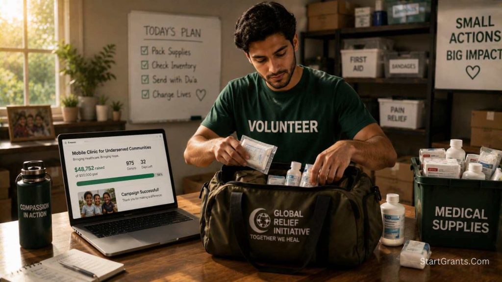 A volunteer packing medical supplies while looking at a successful mission trip fundraising campaign on a laptop.