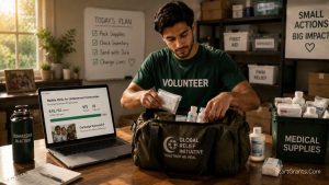 A volunteer packing medical supplies while looking at a successful mission trip fundraising campaign on a laptop.