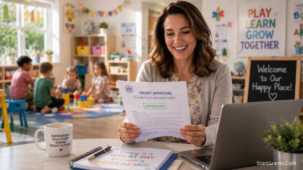 A female childcare business owner reviewing a government grant approval for her daycare center.