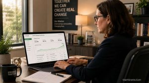 A nonprofit director drafting a highly converting fundraising email campaign on a laptop.