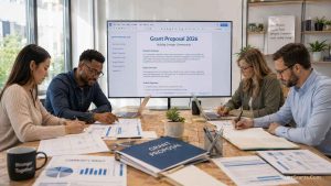 A team of professional grant writers drafting a government grant proposal in an office.