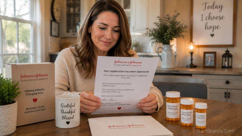 A patient reviewing an approval letter for free medications from the Johnson and Johnson Patient Assistance Foundation.