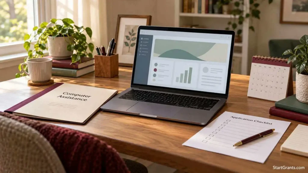 Open laptop beside a computer assistance folder, application checklist, pen, and calendar.