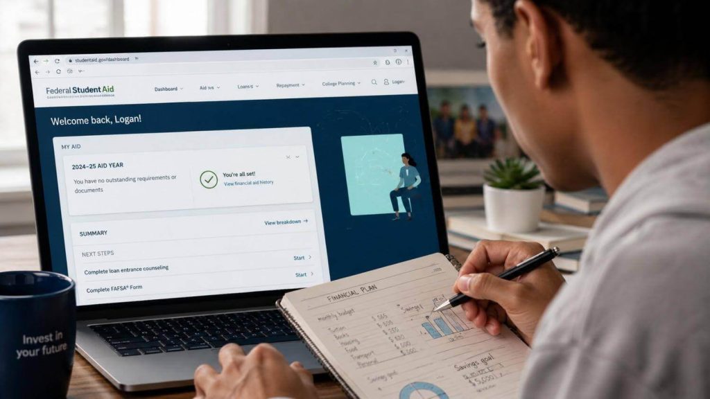 A laptop open to the official government student loan forgiveness dashboard.