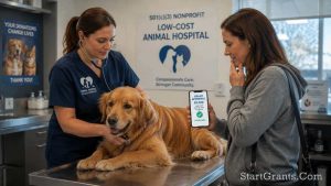 A veterinarian treating a dog at a low-cost animal hospital funded by emergency grants.