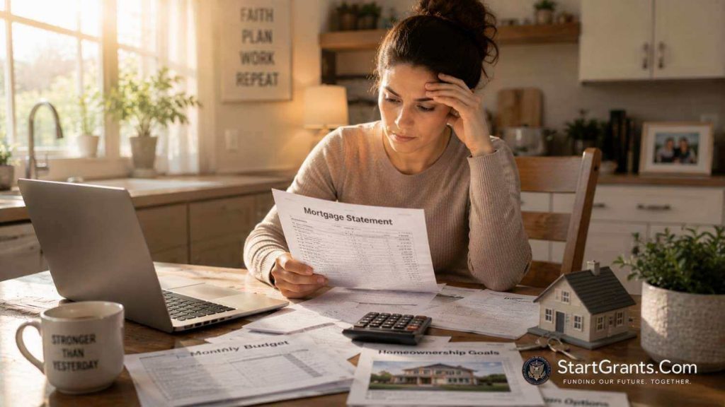 A single mother reviewing mortgage assistance programs and foreclosure prevention documents at her kitchen table.