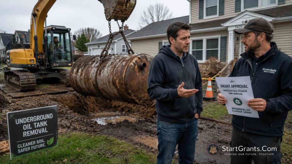 Excavator and workers removing a residential underground heating-oil tank