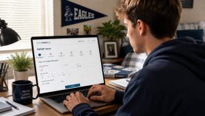 A college student carefully filling out the FAFSA financial aid form on a laptop to determine Pell Grant eligibility.