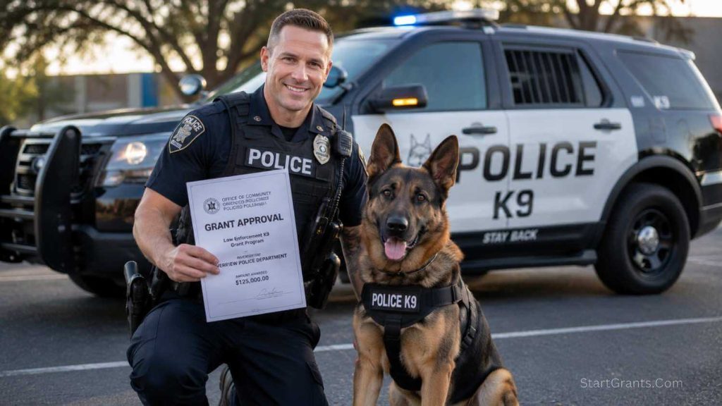 A police officer and a K9 dog securing government and private grant funding for their law enforcement unit.