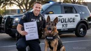 A police officer and a K9 dog securing government and private grant funding for their law enforcement unit.