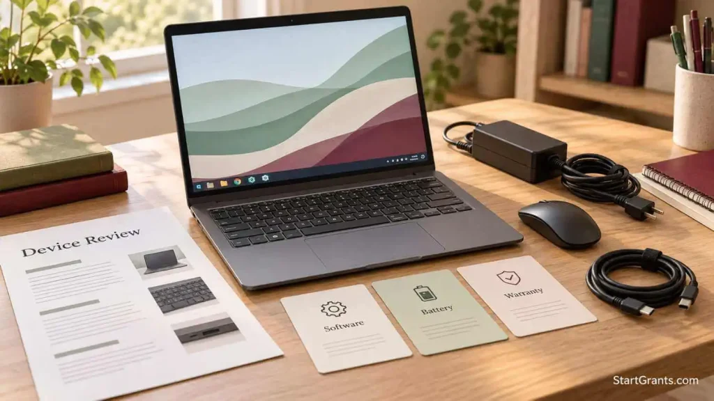 Refurbished laptop and charger beside software, battery, and warranty review cards.
