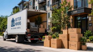 A moving truck and boxes outside an apartment ready for relocation.