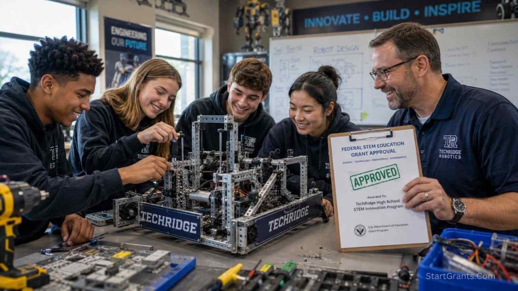High school students and a teacher building a robot in a STEM lab funded by government robotics grants programs.