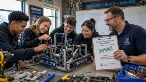 High school students and a teacher building a robot in a STEM lab funded by government robotics grants programs.