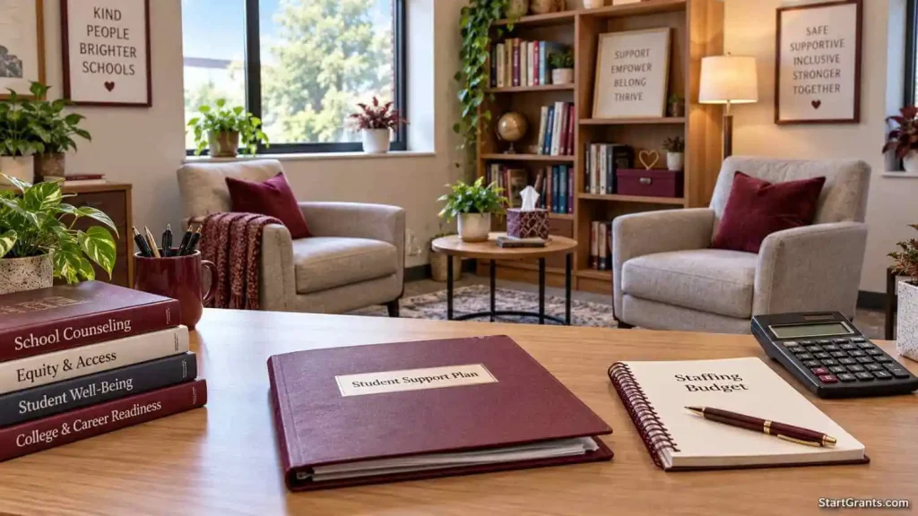 Student support folder and staffing budget notebook in an empty school counseling office.