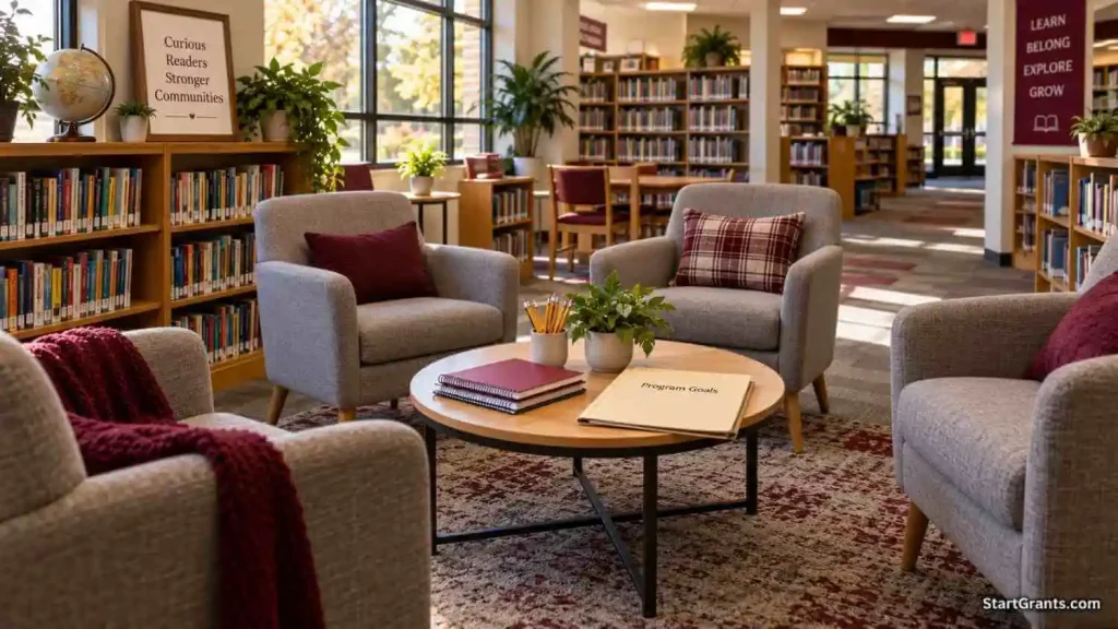 Empty chairs arranged in a school library beside notebooks and a program goals folder.