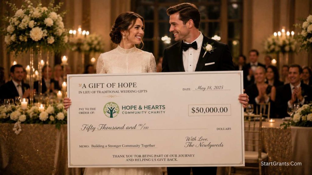 A bride and groom holding a large donation check for charity at their wedding reception.