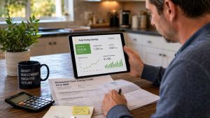 A homeowner reviewing their solar panel tax credit application and energy savings on a tablet.