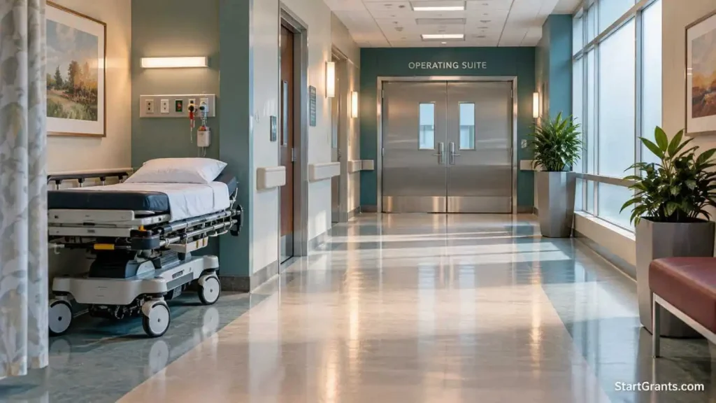 Empty outpatient surgery corridor and transport stretcher illustrating surgery and operation grants.