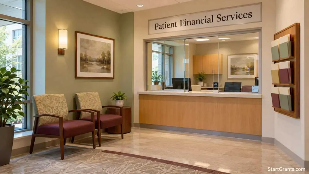 Empty patient financial services reception area with visitor chairs and an assistance brochure rack.