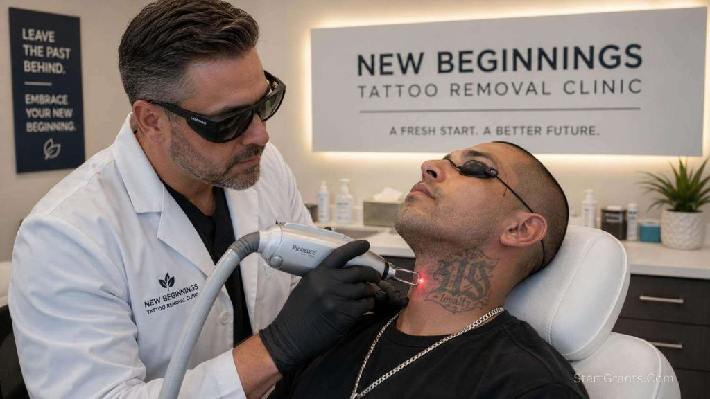 A doctor performing free laser tattoo removal on an ex-gang member funded by government and non-profit grants.