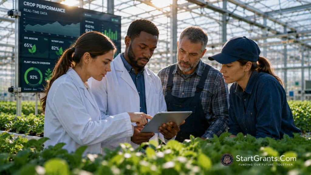 Agricultural researchers examining crops as part of a research project