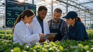 Agricultural researchers analyzing data in a greenhouse, funded by USDA NIFA grants.