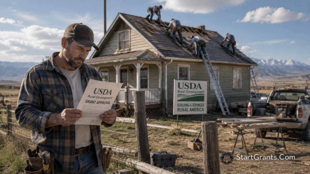 Contractors repairing a rural home funded by the USDA Rural Development Grants Assistance Program.