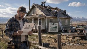 Contractors repairing a rural home funded by the USDA Rural Development Grants Assistance Program.