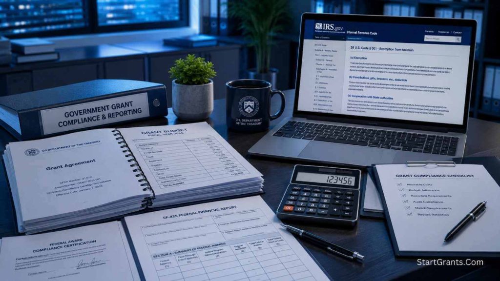 A desk with official documents and a laptop explaining what the federal government grant program is and its tax implications.