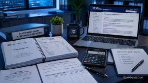 A desk with official documents and a laptop explaining what the federal government grant program is and its tax implications.