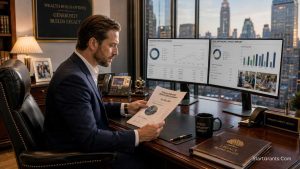 A high-net-worth individual reviewing financial portfolios and Donor-Advised Fund tax strategies on a computer.