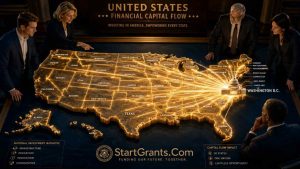 A 3D map showing glowing lines of financial capital flowing from Washington D.C. to all 50 states.