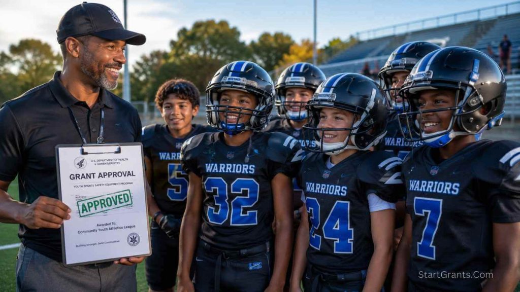 A youth football team wearing new safety equipment funded by NFL and government grants.