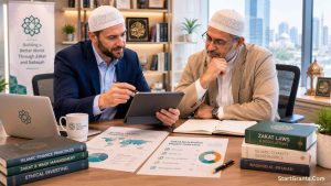 A Muslim donor and a financial advisor reviewing Zakat eligibility for international secular medical charities.