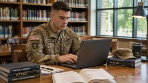 An active-duty US military service member in uniform studying on a laptop inside a base library.