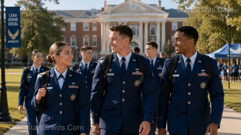 A group of Air Force ROTC cadets in uniform walking across a university campus.