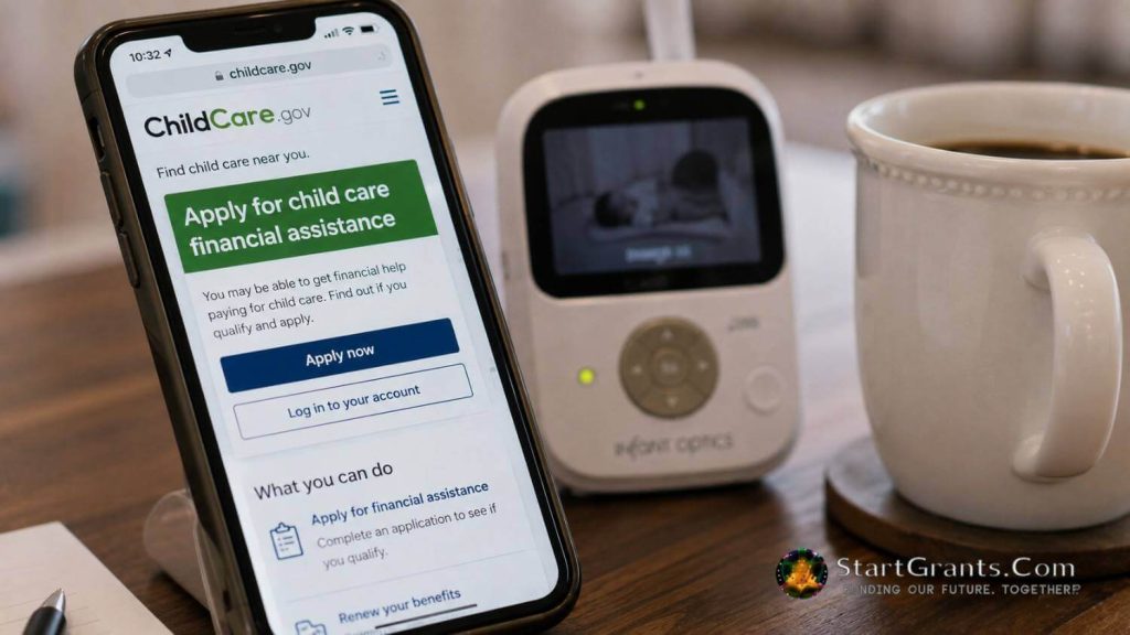 Smartphone displaying ChildCare.gov while a parent researches infant child care assistance