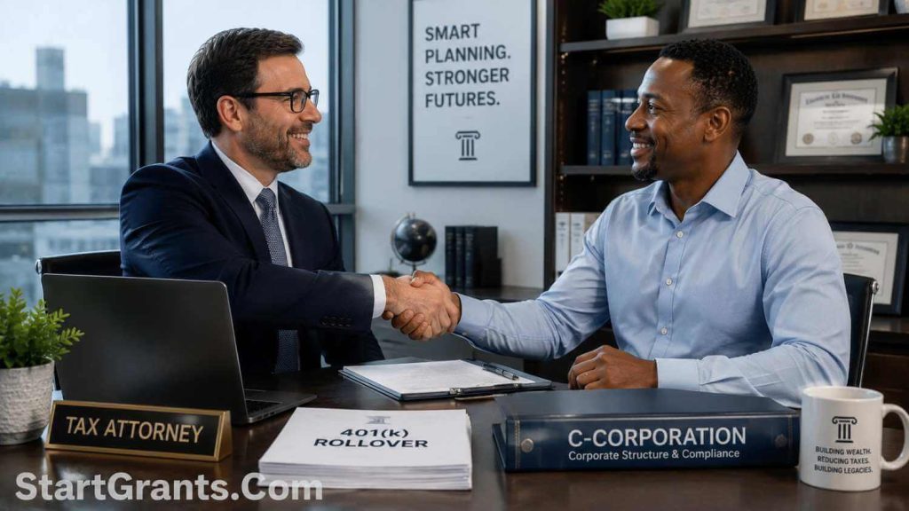 Business owner reviewing a potential ROBS transaction with retirement-plan and tax professionals