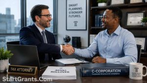 An entrepreneur working with a tax attorney to boost business with 401k business funding through the ROBS strategy.