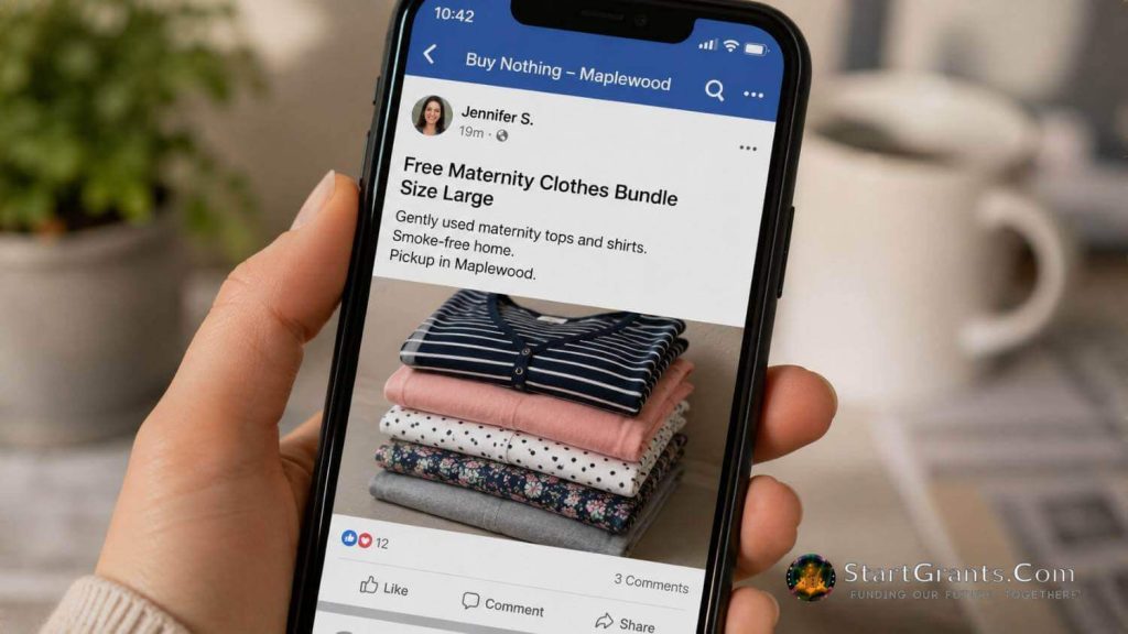 A phone displaying a neighborhood post offering a free maternity clothes bundle.