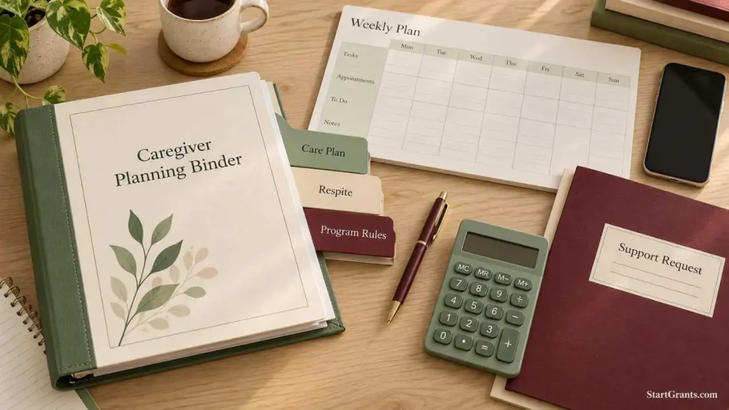 Caregiver planning binder beside a calendar, calculator, and care plan, respite, and program rules tabs.