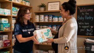 A volunteer handing a pack of diapers to a mother at a community baby pantry.